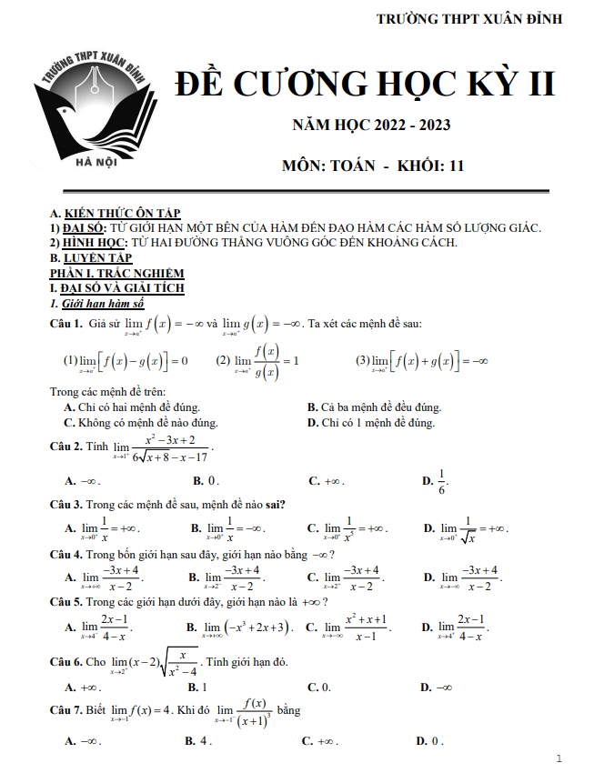 đề cương học kỳ 2 toán 11 năm 2022 – 2023 trường thpt xuân đỉnh – hà nội
