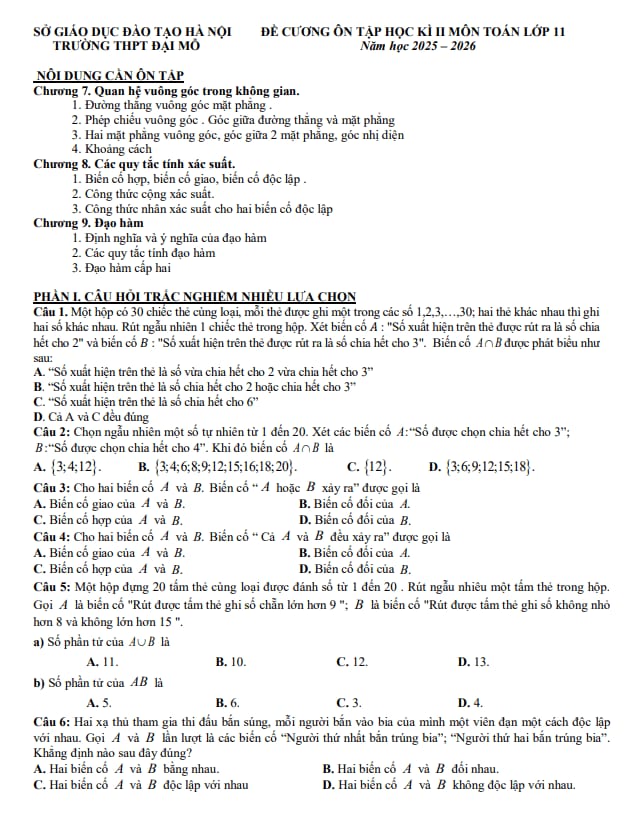 đề cương học kỳ 2 toán 11 năm 2025 – 2026 trường thpt đại mỗ – hà nội