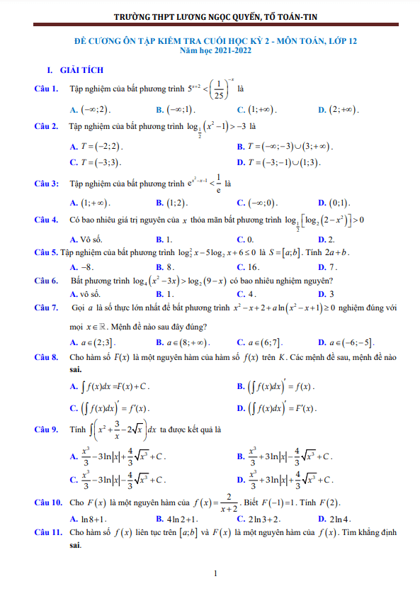 đề cương học kỳ 2 toán 12 năm 2021 – 2022 trường lương ngọc quyến – thái nguyên