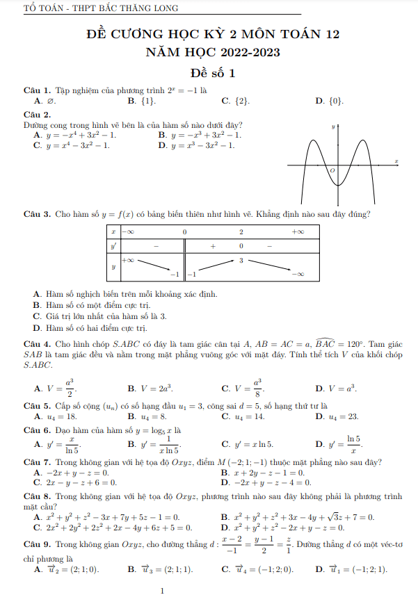 đề cương học kỳ 2 toán 12 năm 2022 – 2023 trường thpt bắc thăng long – hà nội