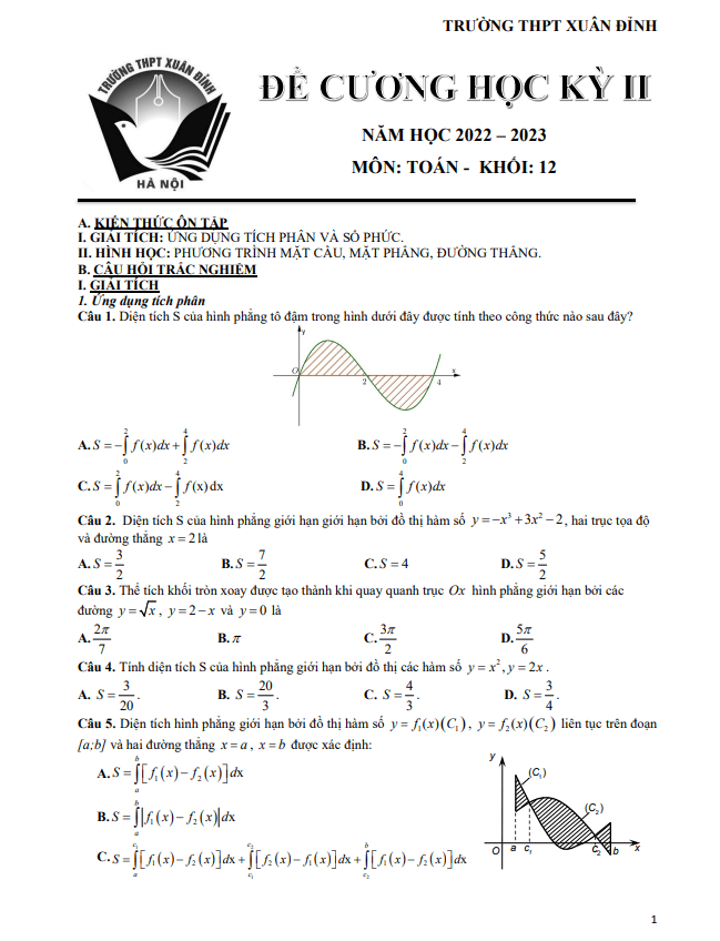đề cương học kỳ 2 toán 12 năm 2022 – 2023 trường thpt xuân đỉnh – hà nội