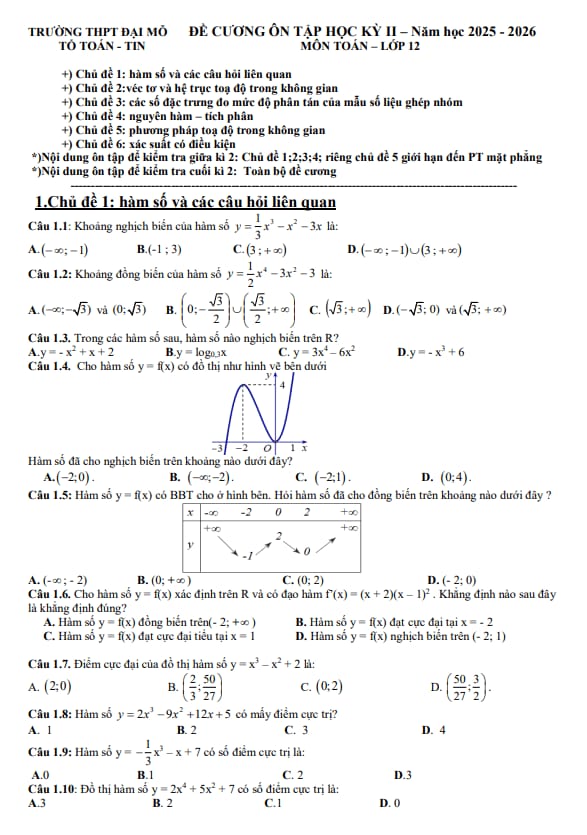 đề cương học kỳ 2 toán 12 năm 2025 – 2026 trường thpt đại mỗ – hà nội