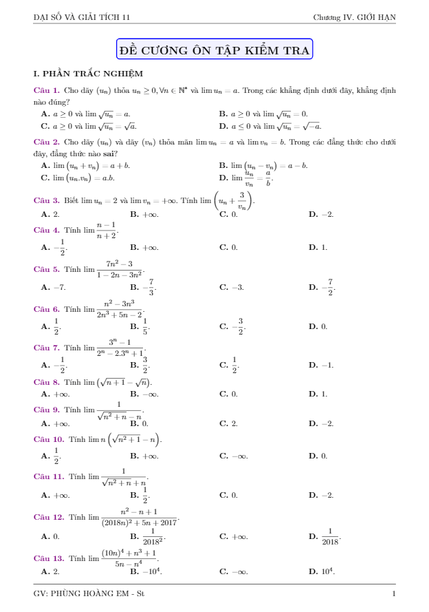 đề cương ôn tập chủ đề giới hạn – phùng hoàng em