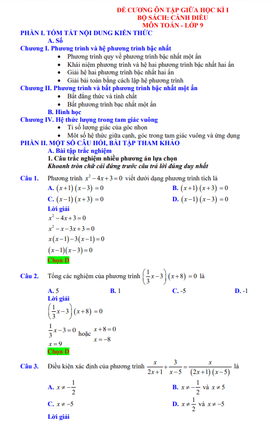 đề cương ôn tập giữa học kì 1 môn toán 9 sách cánh diều