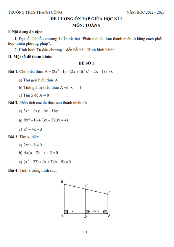 đề cương ôn tập giữa kì 1 toán 8 năm 2022 – 2023 trường thcs thành công – hà nội