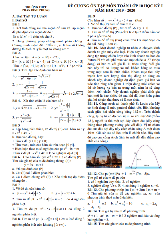 đề cương ôn tập hk1 toán 10 năm 2019 – 2020 trường thpt phan đình phùng – hà nội