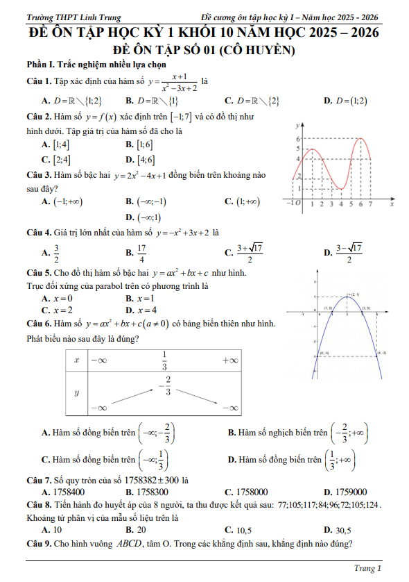 đề cương ôn tập hk1 toán 10 năm 2025 – 2026 trường thpt linh trung – tp hcm
