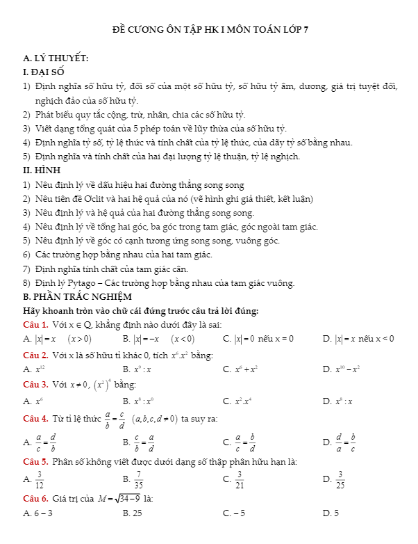 đề cương ôn tập hk1 toán 7