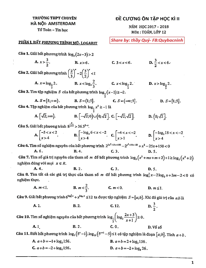 đề cương ôn tập hk2 toán 12 năm 2017 – 2018 trường thpt chuyên hà nội – amsterdam