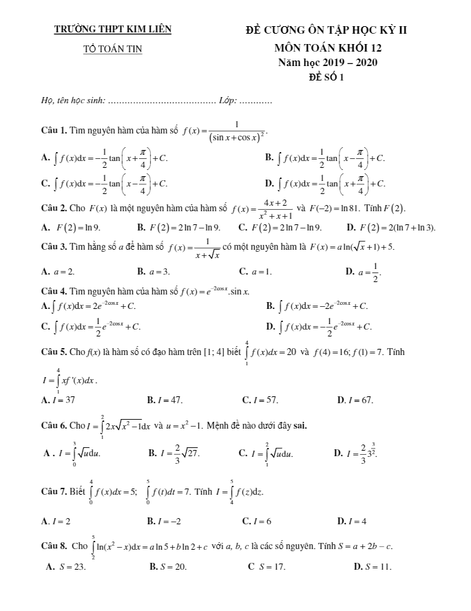 đề cương ôn tập hk2 toán 12 năm 2019 – 2020 trường thpt kim liên – hà nội