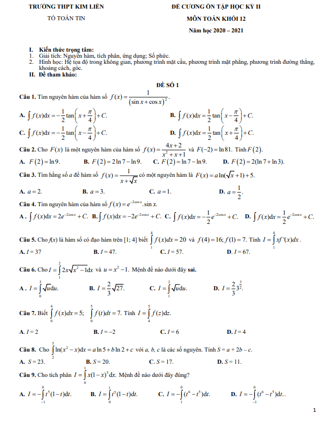 đề cương ôn tập hk2 toán 12 năm 2020 – 2021 trường thpt kim liên – hà nội