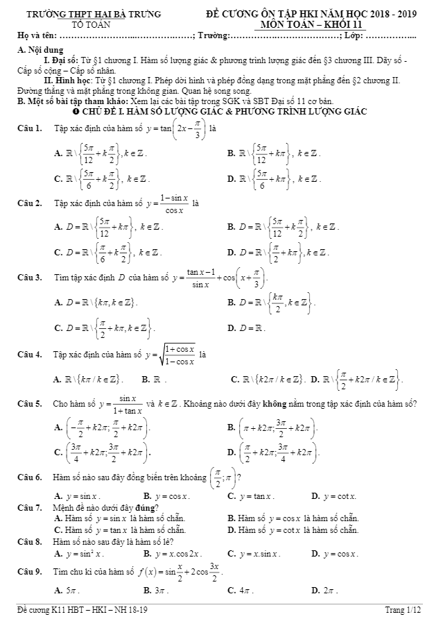 đề cương ôn tập hki toán 11 năm học 2018 – 2019 trường thpt hai bà trưng – tt. huế