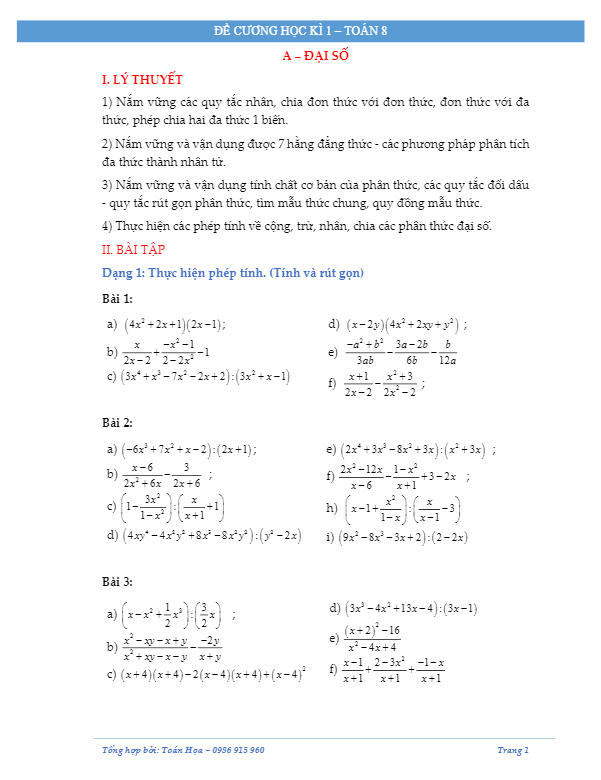 đề cương ôn tập học kì 1 môn toán 8