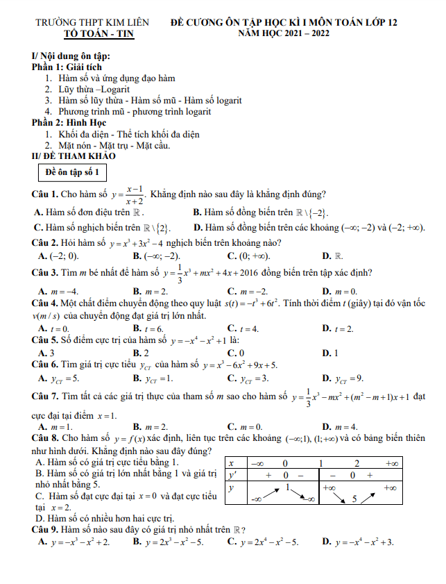 đề cương ôn tập học kì 1 toán 12 năm 2021 – 2022 trường thpt kim liên – hà nội