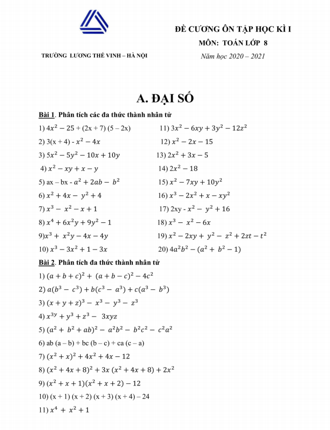 đề cương ôn tập học kì 1 toán 8 năm 2020 – 2021 trường lương thế vinh – hà nội