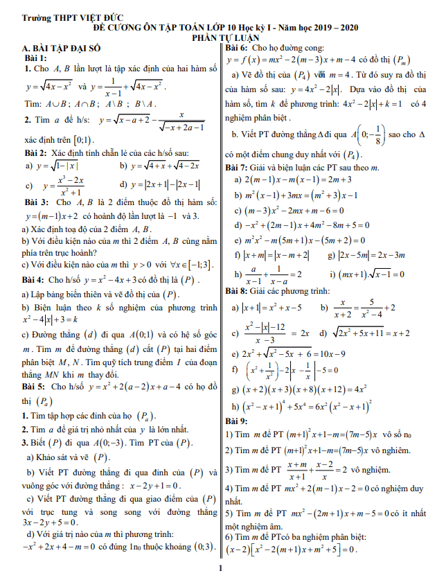 đề cương ôn tập học kỳ 1 toán 10 năm 2019 – 2020 trường thpt việt đức – hà nội