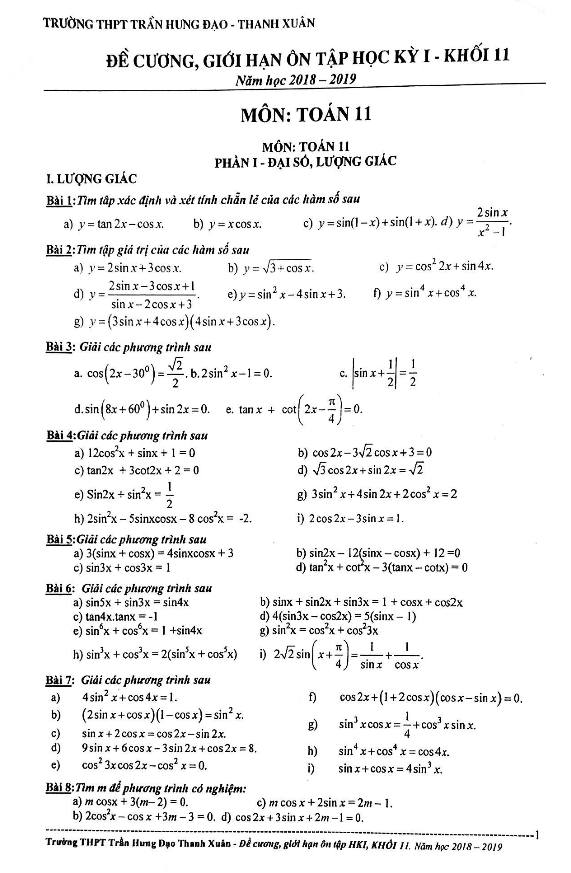 đề cương ôn tập học kỳ 1 toán 11 năm 2018 – 2019 trường trần hưng đạo – hà nội