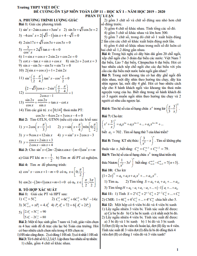 đề cương ôn tập học kỳ 1 toán 11 năm 2019 – 2020 trường thpt việt đức – hà nội