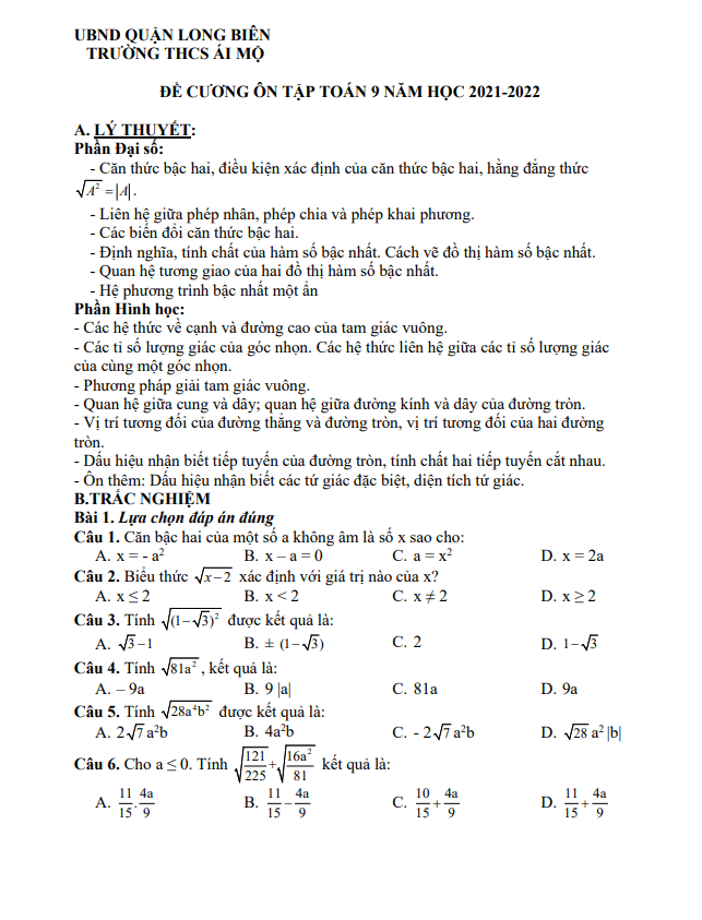 đề cương ôn tập học kỳ 1 toán 9 năm 2021 – 2022 trường thcs ái mộ – hà nội