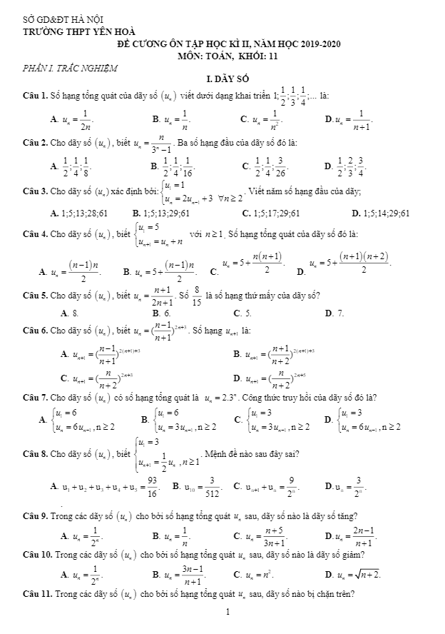 đề cương ôn tập học kỳ 2 toán 11 năm 2019 – 2020 trường thpt yên hòa – hà nội