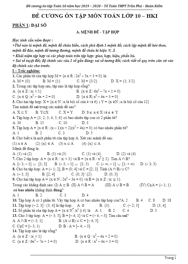 đề cương ôn tập toán 10 hki năm 2019 – 2020 trường thpt trần phú – hà nội