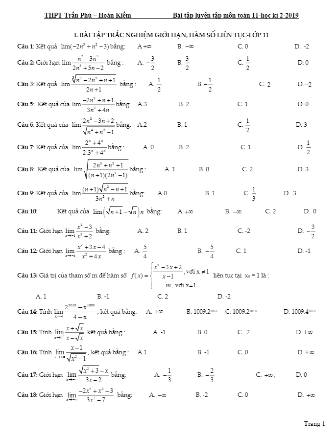 đề cương ôn tập toán 11 hk2 năm 2018 – 2019 trường trần phú – hà nội