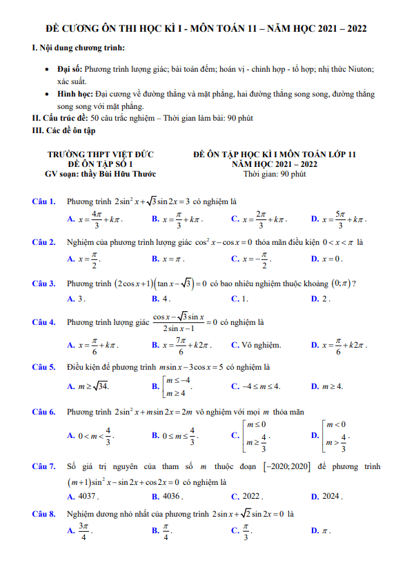 đề cương ôn thi học kì 1 toán 11 năm 2021 – 2022 trường thpt việt đức – hà nội