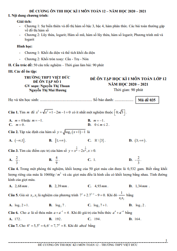 đề cương ôn thi học kì 1 toán 12 năm 2020 – 2021 trường thpt việt đức – hà nội