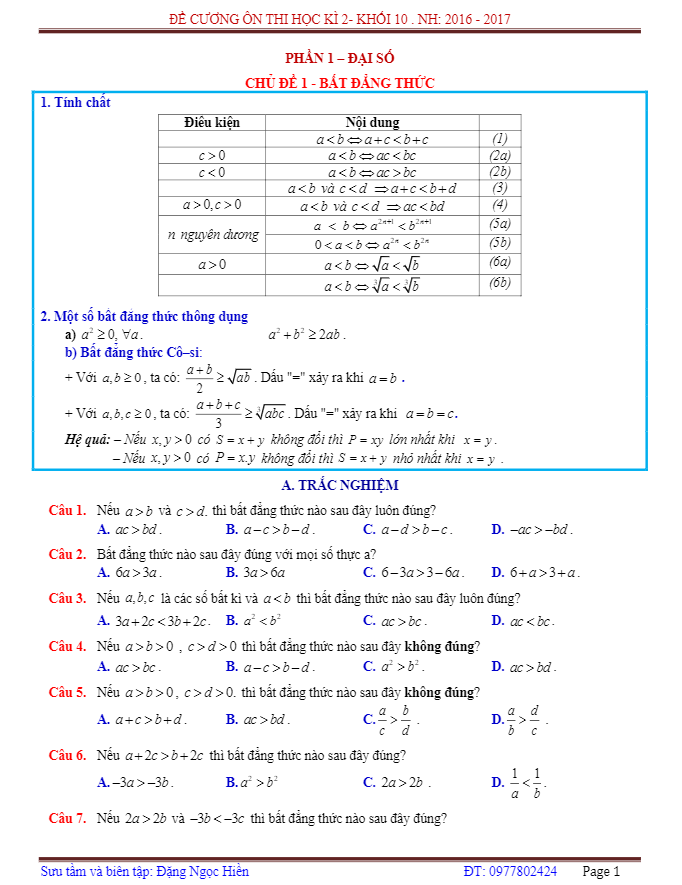 đề cương ôn thi học kỳ 2 toán 10 – đặng ngọc hiền
