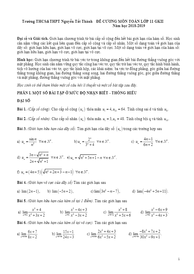 đề cương toán 11 giữa hk2 năm 2018 – 2019 trường nguyễn tất thành – hà nội