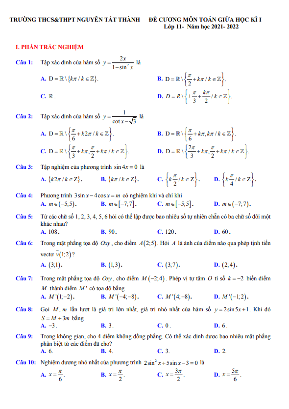 đề cương toán 11 giữa kì 1 năm 2021 – 2022 trường nguyễn tất thành – hà nội