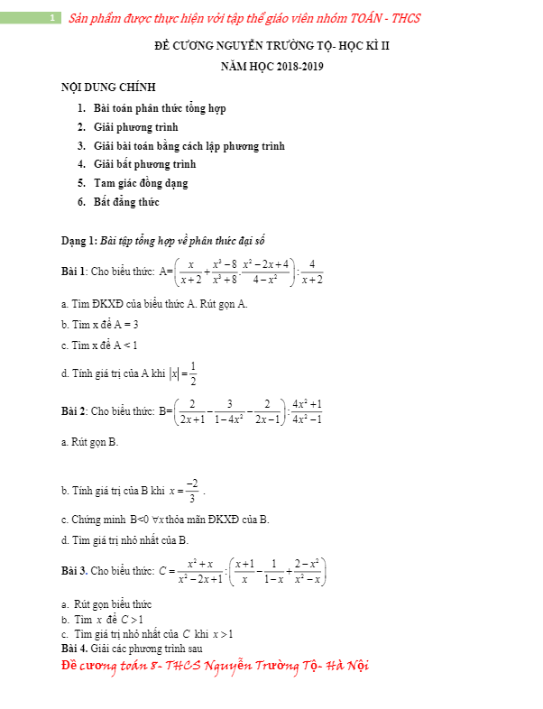 đề cương toán 8 hk2 năm 2018 – 2019 trường thcs nguyễn trường tộ – hà nội