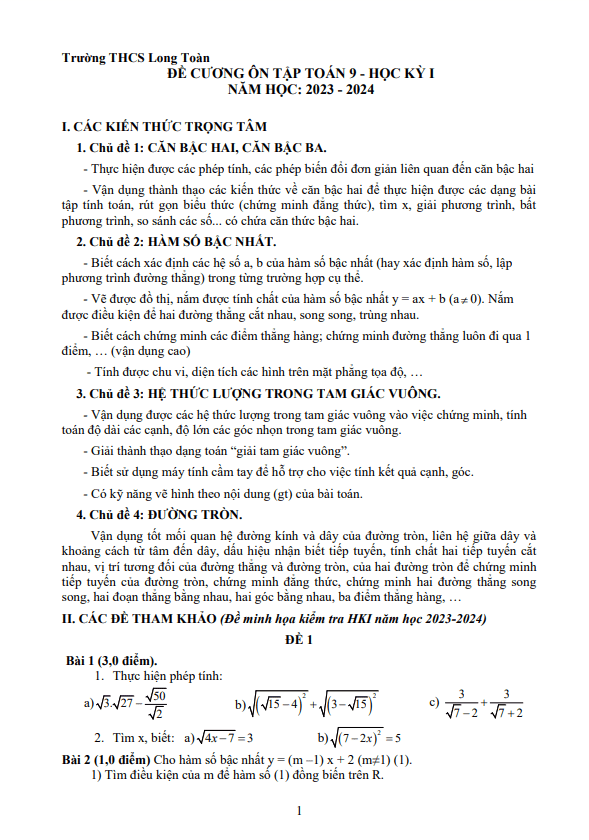 đề cương toán 9 học kỳ 1 năm 2023 – 2024 trường thcs long toàn – br vt