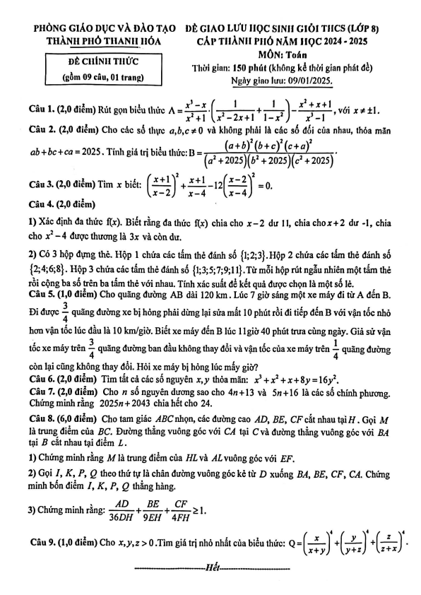 đề giao lưu hsg toán 8 năm 2024 – 2025 phòng gd&đt thành phố thanh hóa