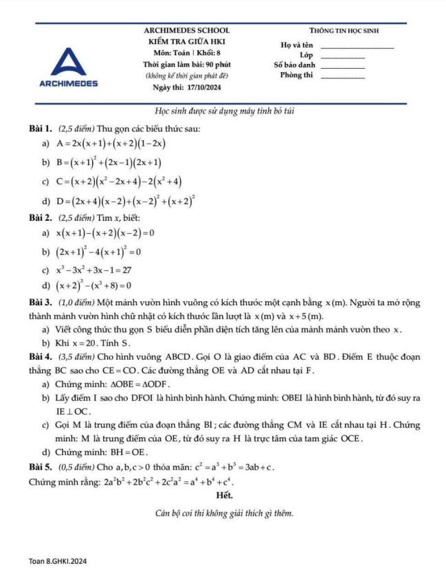 đề giữa hk1 toán 8 năm 2024 – 2025 trường archimedes school – hà nội