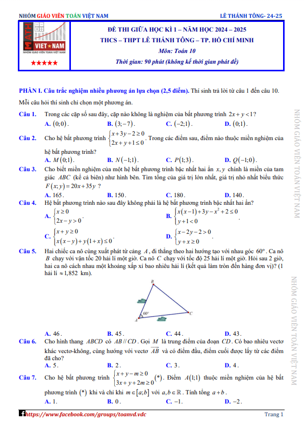 đề giữa học kì 1 toán 10 năm 2024 – 2025 trường lê thánh tông – tp hcm