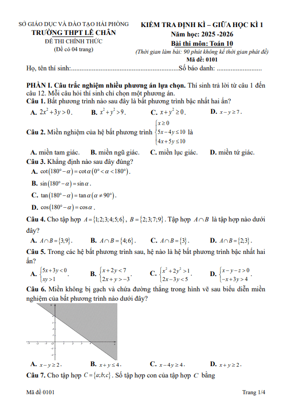 đề giữa học kì 1 toán 10 năm 2025 – 2026 trường thpt lê chân – hải phòng