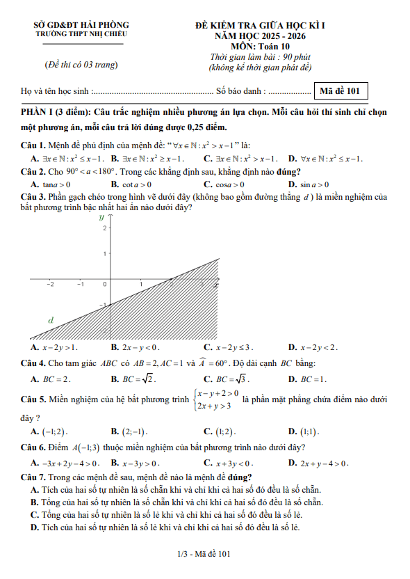 đề giữa học kì 1 toán 10 năm 2025 – 2026 trường thpt nhị chiểu – hải phòng