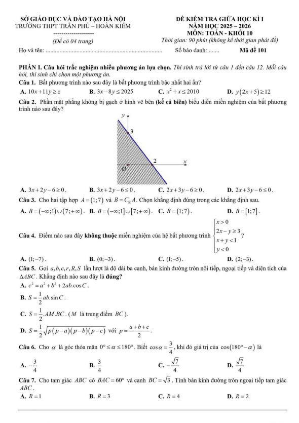 đề giữa học kì 1 toán 10 năm 2025 – 2026 trường thpt trần phú – hà nội