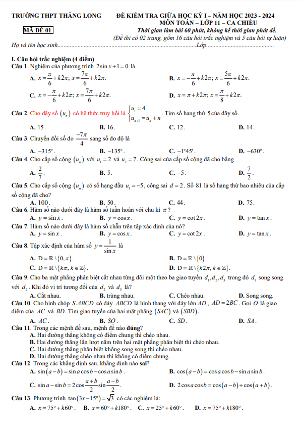 đề giữa học kì 1 toán 11 năm 2023 – 2024 trường thpt thăng long – hà nội