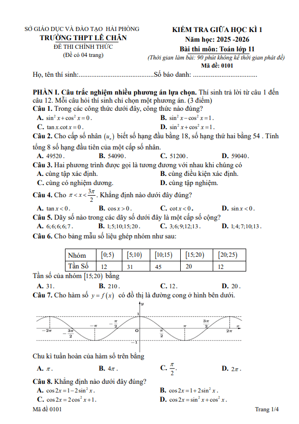 đề giữa học kì 1 toán 11 năm 2025 – 2026 trường thpt lê chân – hải phòng