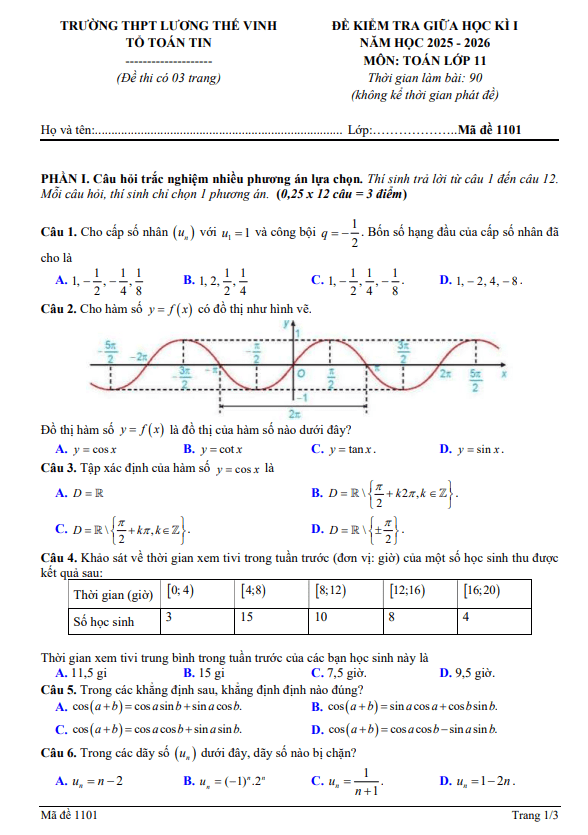 đề giữa học kì 1 toán 11 năm 2025 – 2026 trường thpt lương thế vinh – quảng ninh