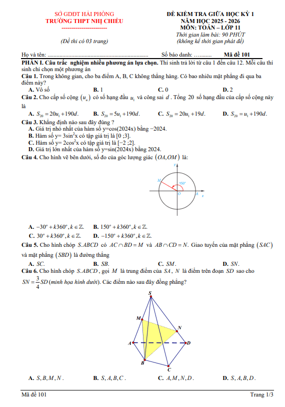 đề giữa học kì 1 toán 11 năm 2025 – 2026 trường thpt nhị chiểu – hải phòng