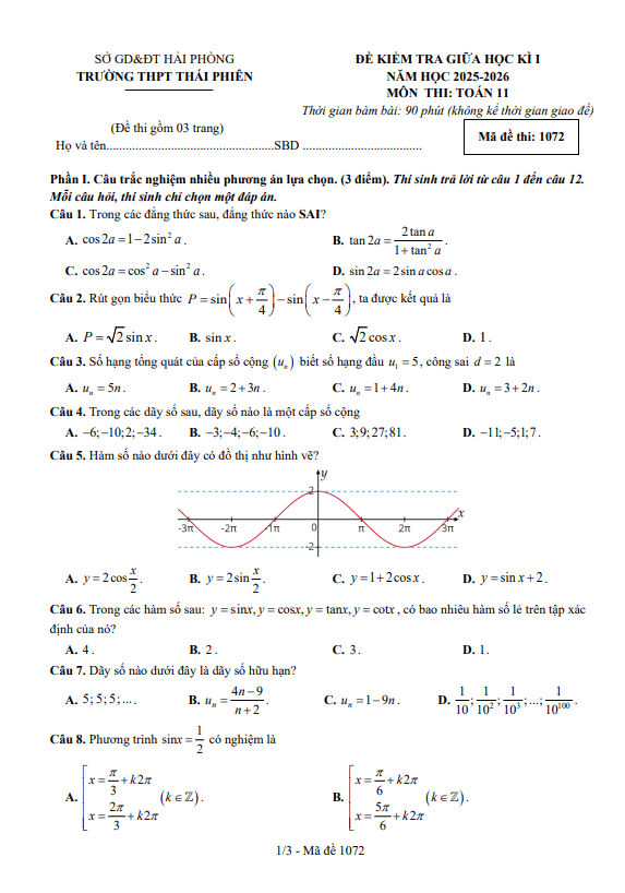 đề giữa học kì 1 toán 11 năm 2025 – 2026 trường thpt thái phiên – hải phòng
