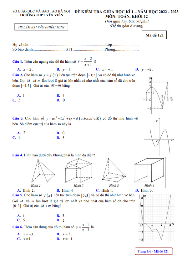 đề giữa học kì 1 toán 12 năm 2022 – 2023 trường thpt yên viên – hà nội