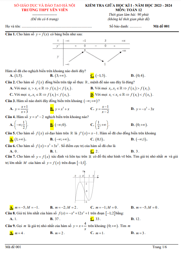 đề giữa học kì 1 toán 12 năm 2023 – 2024 trường thpt yên viên – hà nội