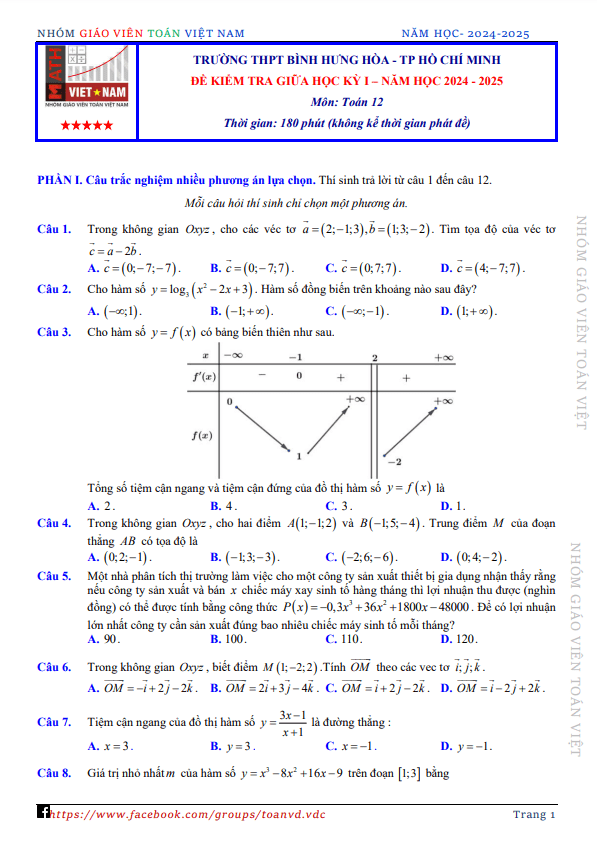 đề giữa học kì 1 toán 12 năm 2024 – 2025 trường thpt bình hưng hòa – tp hcm