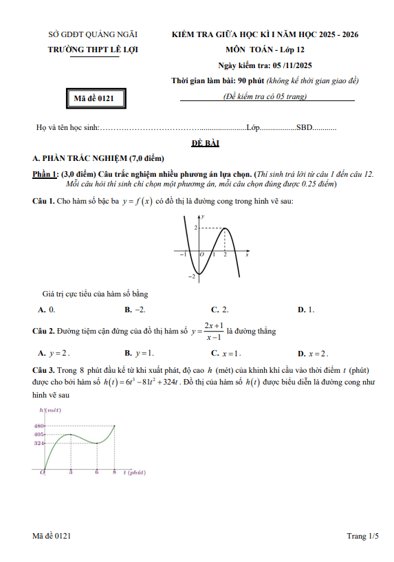 đề giữa học kì 1 toán 12 năm 2025 – 2026 trường thpt lê lợi – quảng ngãi