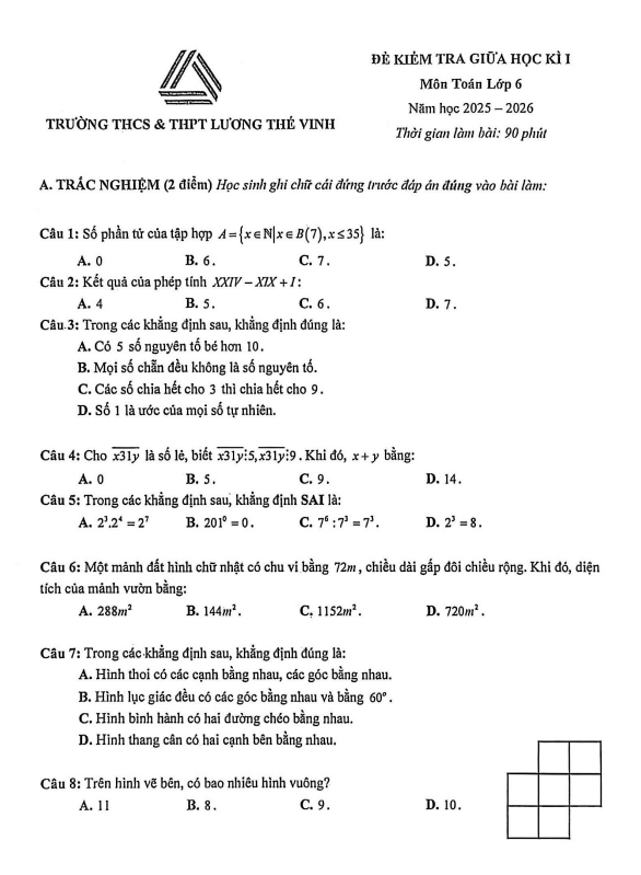 đề giữa học kì 1 toán 6 năm 2025 – 2026 trường lương thế vinh – hà nội