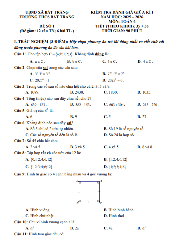 đề giữa học kì 1 toán 6 năm 2025 – 2026 trường thcs bát tràng – hà nội